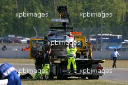22.04.2007 Hockenheim, Germany,  The damaged car of Alexandre Premat (FRA), Audi Sport Team Phoenix, Audi A4 DTM, after his crash with Tom Kristensen (DNK), Audi Sport Team Abt Sportsline, Audi A4 DTM - DTM 2007 at Hockenheimring (Deutsche Tourenwagen Masters)