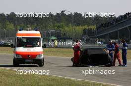 22.04.2007 Hockenheim, Germany,  An ambulance brings Tom Kristensen (DNK), Audi Sport Team Abt Sportsline, to the medical centre for a check-up. He was later flown to a nearby hospital in a helicopter. - DTM 2007 at Hockenheimring (Deutsche Tourenwagen Masters)