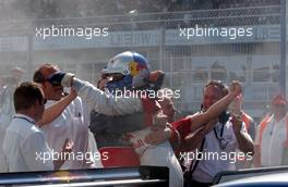 22.04.2007 Hockenheim, Germany,  The winner, Mattias Ekström (SWE), Audi Sport Team Abt Sportsline, Audi A4 DTM, came into the parc fermé with a lot of smoke and weelspin out of joy. He was greeted by Martin Tomczyk (GER), Audi Sport Team Abt Sportsline, Audi A4 DTM, Dr. Wolfgang Ullrich (GER), Audi's Head of Sport and his Audi team. - DTM 2007 at Hockenheimring (Deutsche Tourenwagen Masters)