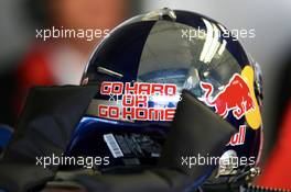 04.05.2007 Oschersleben, Germany,  Helmet of Mattias Ekström (SWE), Audi Sport Team Abt Sportsline, with the text GO HARD OR GO HOME - DTM 2007 at Motorsport Arena Oschersleben (Deutsche Tourenwagen Masters)