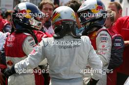 10.06.2007 Fawkham, England,  Top three finishers: Bernd Schneider (GER), Team HWA AMG Mercedes  (1St, center), Martin Tomczyk (GER), Audi Sport Team Abt Sportsline  (2nd, left), Mattias Ekström (SWE), Audi Sport Team Abt Sportsline (3rd, right) - DTM 2007 at Brands Hatch