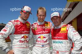 14.07.2007 Scarperia, Italy,  Top 3 of qualifying: Mattias Ekström (SWE), Audi Sport Team Abt Sportsline, Portrait (1st, center), Martin Tomczyk (GER), Audi Sport Team Abt Sportsline, Portrait (2nd, left) and Tom Kristensen (DNK), Audi Sport Team Abt Sportsline, Portrait (3rd, right) - DTM 2007 at Autodromo Internazionale del Mugello