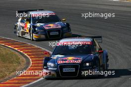 15.07.2007 Scarperia, Italy,  Mattias Ekström (SWE), Audi Sport Team Abt Sportsline, Audi A4 DTM and Martin Tomczyk (GER), Audi Sport Team Abt Sportsline, Audi A4 DTM, easily controlled the race pace at the early stages of the race - DTM 2007 at Autodromo Internazionale del Mugello