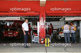 23.09.2007 Barcelona, Spain,  Cars of Mike Rockenfeller (GER), Audi Sport Team Rosberg, Audi A4 DTM and Lucas Luhr (GER), Audi Sport Team Rosberg, Audi A4 DTM, in the pitbox after Audi withdrawed all cars from the race - DTM 2007 at Circuit de Catalunya