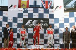 18.03.2007 Melbourne, Australia,  Winner, 1st, Kimi Raikkonen (FIN), Räikkönen, Scuderia Ferrari, F2007, 2nd, Fernando Alonso (ESP), McLaren Mercedes, MP4-22, 3rd, Lewis Hamilton (GBR), McLaren Mercedes, MP4-22 - Formula 1 World Championship, Rd 1, Australian Grand Prix, Sunday Podium