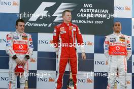 18.03.2007 Melbourne, Australia,  Winner, 1st, Kimi Raikkonen (FIN), Räikkönen, Scuderia Ferrari, F2007, 2nd, Fernando Alonso (ESP), McLaren Mercedes, MP4-22, 3rd, Lewis Hamilton (GBR), McLaren Mercedes, MP4-22 - Formula 1 World Championship, Rd 1, Australian Grand Prix, Sunday Podium