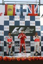 18.03.2007 Melbourne, Australia,  Winner, 1st, Kimi Raikkonen (FIN), Räikkönen, Scuderia Ferrari, F2007, 2nd, Fernando Alonso (ESP), McLaren Mercedes, MP4-22, 3rd, Lewis Hamilton (GBR), McLaren Mercedes, MP4-22 - Formula 1 World Championship, Rd 1, Australian Grand Prix, Sunday Podium