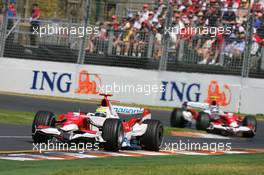 18.03.2007 Melbourne, Australia,  Ralf Schumacher (GER), Toyota Racing, TF107 leads Jarno Trulli (ITA), Toyota Racing, TF107 - Formula 1 World Championship, Rd 1, Australian Grand Prix, Sunday Race