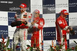 15.04.2007 Sakhir, Bahrain,  1st, Felipe Massa (BRA), Scuderia Ferrari, F2007, 2nd, Lewis Hamilton (GBR), McLaren Mercedes, MP4-22, 3rd, Kimi Raikkonen (FIN), Räikkönen, Scuderia Ferrari, F2007 - Formula 1 World Championship, Rd 3, Bahrain Grand Prix, Sunday Podium