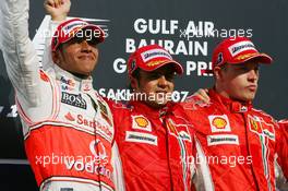 15.04.2007 Sakhir, Bahrain,  1st, Felipe Massa (BRA), Scuderia Ferrari, F2007, 2nd, Lewis Hamilton (GBR), McLaren Mercedes, MP4-22, 3rd, Kimi Raikkonen (FIN), Räikkönen, Scuderia Ferrari, F2007 - Formula 1 World Championship, Rd 3, Bahrain Grand Prix, Sunday Podium