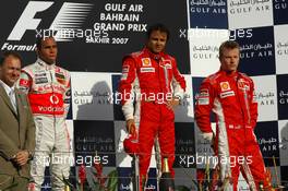 15.04.2007 Sakhir, Bahrain,  1st, Felipe Massa (BRA), Scuderia Ferrari, F2007, 2nd, Lewis Hamilton (GBR), McLaren Mercedes, MP4-22, 3rd, Kimi Raikkonen (FIN), Räikkönen, Scuderia Ferrari, F2007 - Formula 1 World Championship, Rd 3, Bahrain Grand Prix, Sunday Podium