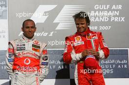 15.04.2007 Sakhir, Bahrain,  1st, Felipe Massa (BRA), Scuderia Ferrari, F2007, 2nd, Lewis Hamilton (GBR) - Formula 1 World Championship, Rd 3, Bahrain Grand Prix, Sunday Podium