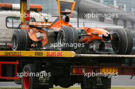 07.10.2007 Shanghai, China,  The car of Adrian Sutil (GER), Spyker F1 Team, after he crashed during the race - Formula 1 World Championship, Rd 16, Chinese Grand Prix, Sunday Race