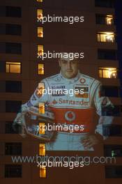 10.05.2007 Barcelona, Spain,  Fernando Alonso (ESP), McLaren Mercedes, image is projected onto the façade of the Hilton Diagonal Mar - Formula 1 World Championship, Rd 4, Spanish Grand Prix, Thursday