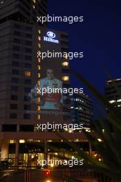 10.05.2007 Barcelona, Spain,  Fernando Alonso (ESP), McLaren Mercedes, image is projected onto the façade of the Hilton Diagonal Mar - Formula 1 World Championship, Rd 4, Spanish Grand Prix, Thursday