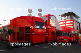 09.05.2007 Barcelona, Spain,  The older Ferrari motorhomes with the new Motorhome in the background - Formula 1 World Championship, Rd 4, Spanish Grand Prix, Wednesday