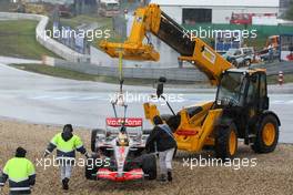 22.07.2007 Nürburg, Germany,  Lewis Hamilton (GBR), McLaren Mercedes, MP4-22 is lifted back onto the circuit - Formula 1 World Championship, Rd 10, European Grand Prix, Sunday Race