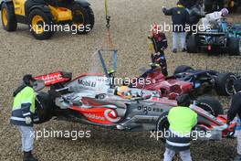 22.07.2007 Nürburg, Germany,  Lewis Hamilton (GBR), McLaren Mercedes, MP4-22 is lifted back onto the circuit - Formula 1 World Championship, Rd 10, European Grand Prix, Sunday Race