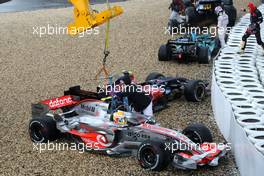 22.07.2007 Nürburg, Germany,  Lewis Hamilton (GBR), McLaren Mercedes, MP4-22 is lifted back onto the circuit - Formula 1 World Championship, Rd 10, European Grand Prix, Sunday Race