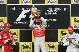 05.08.2007 Budapest, Hungary,  Winner, 1st, Lewis Hamilton (GBR), McLaren Mercedes, MP4-22, 2nd, Kimi Raikkonen (FIN), Räikkönen, Scuderia Ferrari, F2007, 3rd, Nick Heidfeld (GER), BMW Sauber F1 Team, F1.07 - Formula 1 World Championship, Rd 11, Hungarian Grand Prix, Sunday Podium