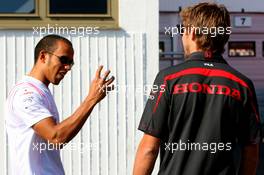 04.08.2007 Budapest, Hungary,  Jenson Button (GBR), Honda Racing F1 Team and Lewis Hamilton (GBR), McLaren Mercedes - Formula 1 World Championship, Rd 11, Hungarian Grand Prix, Saturday