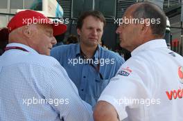 08.09.2007 Monza, Italy,  Niki Lauda (AUT), Former F1 world champion and RTL TV, Ron Dennis (GBR), McLaren, Team Principal, Chairman and a German Journalist - Formula 1 World Championship, Rd 13, Italian Grand Prix, Saturday
