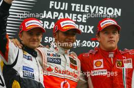 30.09.2007 Gotemba, Japan,  Winner, 1st, Lewis Hamilton (GBR), McLaren Mercedes, MP4-22, 2nd, Heikki Kovalainen (FIN), Renault F1 Team, R27, 3rd, Kimi Raikkonen (FIN), Räikkönen, Scuderia Ferrari, F2007 - Formula 1 World Championship, Rd 15, Japanese Grand Prix, Sunday Podium