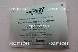 25.05.2007 Monte Carlo, Monaco,  Plaque for Monaco Senna Celebration - Formula 1 World Championship, Rd 5, Monaco Grand Prix, Friday