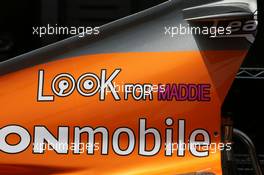 25.05.2007 Monte Carlo, Monaco,  Spyker F1 Team, have "Look for Maddie" stickers on their car for the campaign to find Madeleine McCann - Formula 1 World Championship, Rd 5, Monaco Grand Prix, Friday