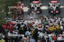 27.05.2007 Monte Carlo, Monaco,  FEATURE PARK FERME  - Cars of Lewis Hamilton (GBR), McLaren Mercedes, Fernando Alonso (ESP), McLaren Mercedes, Felipe Massa (BRA), Scuderia Ferrari - Formula 1 World Championship, Rd 5, Monaco Grand Prix, Sunday Podium