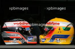 23.05.2007 Monte Carlo, Monaco,  Helmets of Fernando Alonso (ESP), McLaren Mercedes and Lewis Hamilton (GBR), McLaren Mercedes, with Steinmetz Diamonds - Formula 1 World Championship, Rd 5, Monaco Grand Prix, Wednesday