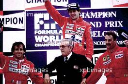 10.11.2007 1989 Podium of GP F1 Belgium, from left Alain Prost (fra) McLaren Honda, 2nd, Jean-Marie Balestre (FRA) President of FIA, Ayrton Senna (BRA), McLaren Honda, 1st position, Nigel Mansell (GBR), Ferrari 3rd positon - Ayrton Senna Story