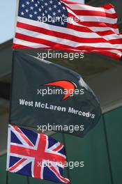 16.06.2007 Indianapolis, USA,  USA flag with McLarne and Union Jack - Formula 1 World Championship, Rd 7, United States Grand Prix, Saturday Practice