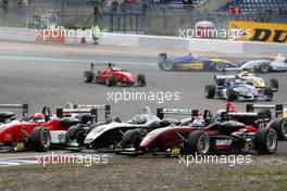 01.09.2007 Nürburg, Germany,  In the first corner Franck Mailleux (FRA), Manor Motorsport, Dallara F305 Mercedes and Tim Sandtler (GER), Jo Zeller Racing, Dallara F306 Mercedes touches eachother. Tim Sandtler lifts off with his F3 into the air. - F3 Euro Series 2007 at Nürburgring