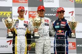 02.09.2007 Nürburg, Germany,  Podium, Harald Schlegelmilch (LVA), HS Technik, Portrait (1st, center), Romain Grosjean (FRA), ASM Formula 3, Portrait (2nd, left), Sébastien Buemi (SUI), ASL Mücke Motorsport, Portrait (3rd, right) - F3 Euro Series 2007 at Nürburgring