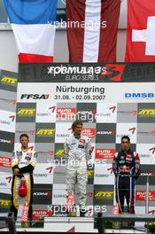 02.09.2007 Nürburg, Germany,  Podium, Harald Schlegelmilch (LVA), HS Technik, Portrait (1st, center), Romain Grosjean (FRA), ASM Formula 3, Portrait (2nd, left), Sébastien Buemi (SUI), ASL Mücke Motorsport, Portrait (3rd, right) - F3 Euro Series 2007 at Nürburgring