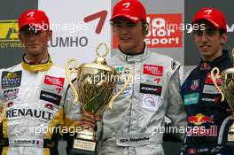 02.09.2007 Nürburg, Germany,  Podium, Harald Schlegelmilch (LVA), HS Technik, Portrait (1st, center), Romain Grosjean (FRA), ASM Formula 3, Portrait (2nd, left), Sébastien Buemi (SUI), ASL Mücke Motorsport, Portrait (3rd, right) - F3 Euro Series 2007 at Nürburgring