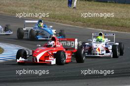 06.05.2007 Oschersleben, Germany,  Marco Wittmann (GER), Josef Kaufmann Racing, leads Kevin Mirocha (GER), ASL-Mücke Motorsport and Mathijs Harkema (NED), Josef Kaufmann Racing - Formula BMW Germany Championship 2007, Round 1 & 2, Motorsport Arena Oschersleben, 2nd Race - For further information and more images please register at www.formulabmw-images.com - This image is free for editorial use only. Please use for Copyright/Credit: c BMW AG