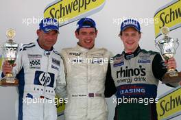 20.05.2007 Klettwitz, Germany,  Podium, Richard Westbrook (GBR), ARAXA Racing PZ Reutlingen, Porsche 911 GT3 Cup (1st, center), Uwe Alzen (GER), HP Team Herberth, Porsche 911 GT3 Cup (2nd, left),Thomas Jäger (GER), rhino's Wieth Racing-PZMS, Porsche 911 GT3 Cup  (3rd, right) - Porsche Carrera Cup 2007 at Eurospeedway Lausitz (Lausitzring)