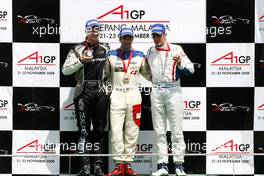 23.11.2008 Kuala Lumpur, Malaysia,  Neel Jani (SUI), driver of A1 Team Switzerland, Loic Duval (FRA), driver of A1 Team France, Earl Bamber (NZL), driver of A1 Team New Zealand, podium - A1GP World Cup of Motorsport 2008/09, Round 3, Sepang, Sunday Race 1 - Copyright A1GP - Free for editorial usage