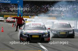 13.04.2008 Hockenheim, Germany,  Race winner Mattias Ekström (SWE), Audi Sport Team Abt Sportsline, Audi A4 DTM, smoking his tyres when driving into the parc ferme together with Timo Scheider (GER), Audi Sport Team Abt, Audi A4 DTM (2nd) and Tom Kristensen (DNK), Audi Sport Team Abt, Audi A4 DTM (3rd) - DTM 2008 at Hockenheimring