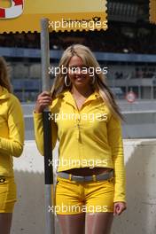 13.04.2008 Hockenheim, Germany,  The signs of the gridgirls were in the style of the new sponsor Deutsche Post: they were shapes like stamps! - DTM 2008 at Hockenheimring