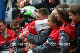 13.04.2008 Hockenheim, Germany,  Timo Scheider (GER), Audi Sport Team Abt, celebrating his second place with his mechanics - DTM 2008 at Hockenheimring