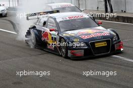13.04.2008 Hockenheim, Germany,  Mattias Ekström (SWE), Audi Sport Team Abt Sportsline, Audi A4 DTM is excited and drives his car into the parc fermé with full wheelspin. - DTM 2008 at Hockenheimring