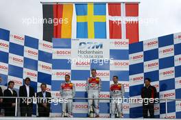 13.04.2008 Hockenheim, Germany,  Podium, Mattias Ekström (SWE), Audi Sport Team Abt Sportsline, Portrait (1st, center), Timo Scheider (GER), Audi Sport Team Abt, Portrait (2nd, left), Tom Kristensen (DNK), Audi Sport Team Abt, Portrait (3rd, right). Center: Hans-Jurgen Abt (GER), Teamchef Abt-Audi - DTM 2008 at Hockenheimring