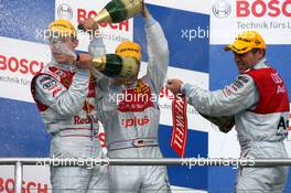 13.04.2008 Hockenheim, Germany,  Champaign on the podium with Mattias Ekström (SWE), Audi Sport Team Abt Sportsline, Portrait (1st, left), Timo Scheider (GER), Audi Sport Team Abt, Portrait (2nd, center) and Tom Kristensen (DNK), Audi Sport Team Abt, Portrait (3rd, right) - DTM 2008 at Hockenheimring