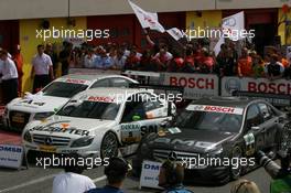 04.05.2008 Scarperia, Italy,  parc fermZ: cars of Tom Kristensen (DEN), Audi Sport Team Abt Audi A4 DTM 2008, Jamie Green (GBR), Team HWA AMG Mercedes, AMG Mercedes C-Klasse, Paul di Resta (GBR), Team HWA AMG Mercedes, AMG Mercedes C-Klasse - DTM 2008 at Mugello