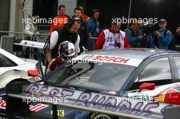 12.07.2008 Zandvoort, The Netherlands,  Mattias Ekström (SWE), Audi Sport Team Abt Sportsline, leaving the car on the passenger side as his own door would not open anymore - DTM 2008 at Circuit Park Zandvoort