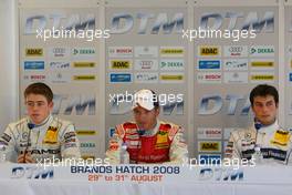 30.08.2008 Fawkham, England,  Press Conference, 1st, Timo Scheider (GER), Audi Sport Team Abt, Audi A4 DTM, 2nd, Paul di Resta (GBR), Team HWA AMG Mercedes, AMG Mercedes C-Klasse, 3rd, Bruno Spengler (CDN), Team HWA AMG Mercedes, AMG Mercedes C-Klasse - DTM 2008 at Brands Hatch