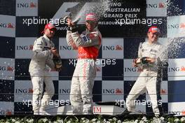 16.03.2008 Melbourne, Australia,  Nick Heidfeld (GER), BMW Sauber F1 Team, Lewis Hamilton (GBR), McLaren Mercedes, Nico Rosberg (GER), WilliamsF1 Team - Formula 1 World Championship, Rd 1, Australian Grand Prix, Sunday Podium